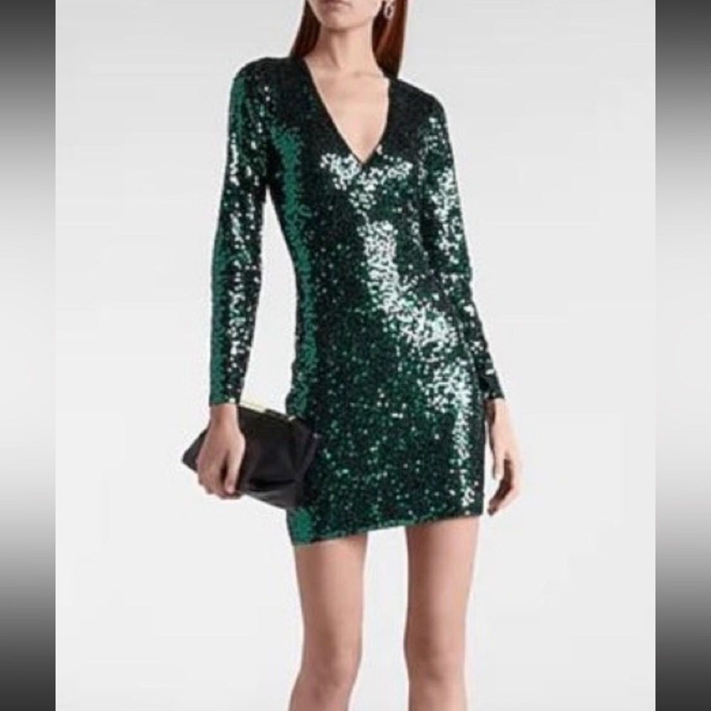 Express dark green sequin v neck dress